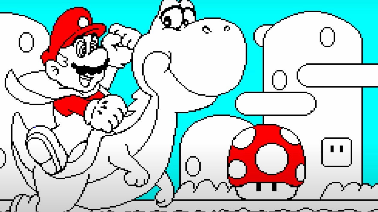 Image from Mario Paint trailer showing a colouring in-like page with Mario riding on the back of a Yoshi