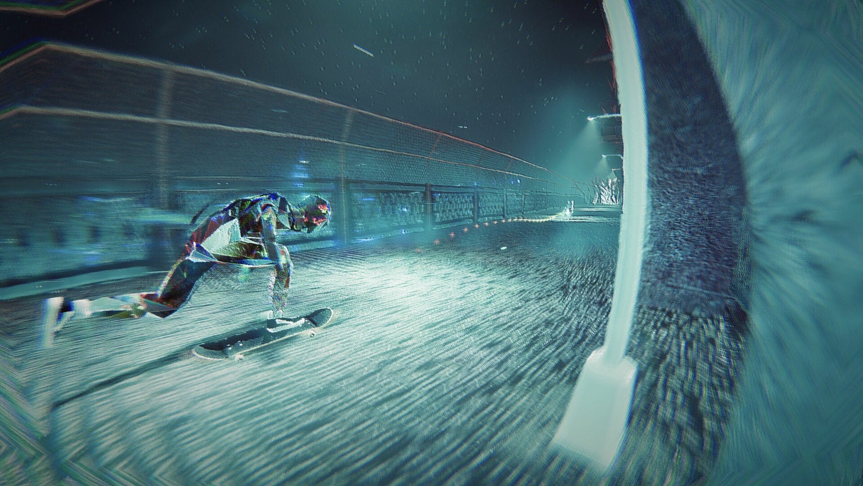 Image from skate story showing a skater made out of what looks like glass in a surreal landscape
