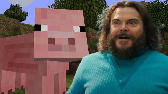 Image of Jack Black as Steve next to a Minecraft pig