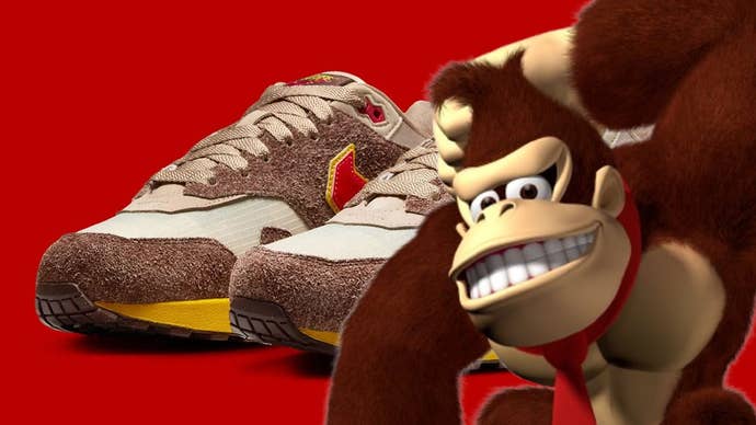 Image of Nintendos Donkey Kong putting his hand behind his head overlayed over an image of Nike trainers