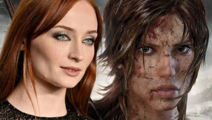 Image of Sophie Turner overlaid next to an image of Lara Croft from the 2013 Tomb Raider reboot