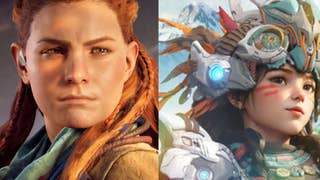 Image showing Aloy from the Horizon series on the left and a female character from Light of Motiram on the right