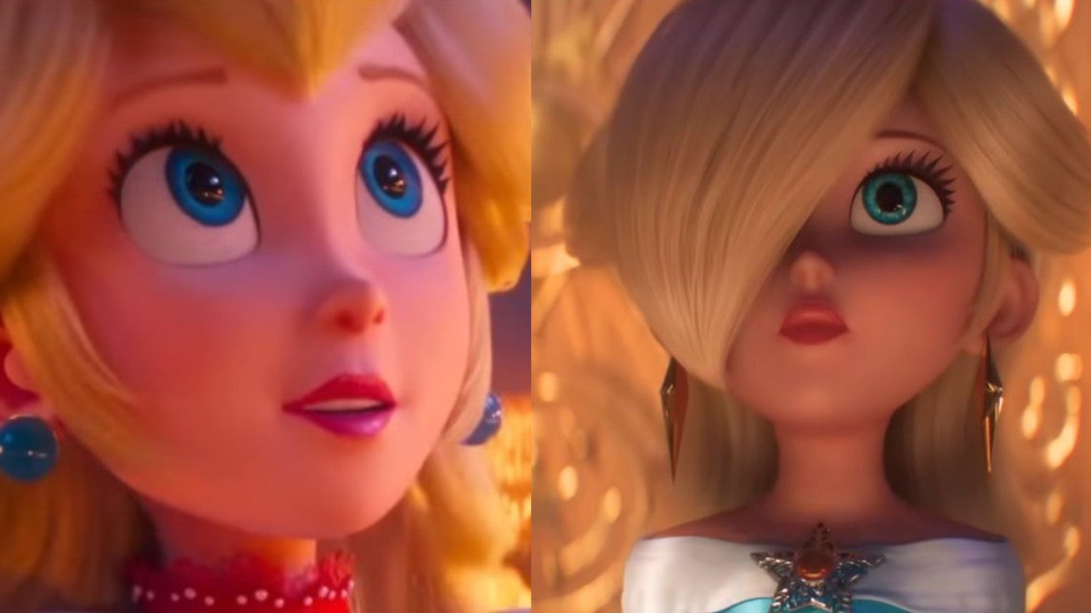 Изображение, показывающее Пич из фильма Super Mario Bros. Movie слева и Розалину из фильма The Super Mario Galaxy Movie справа