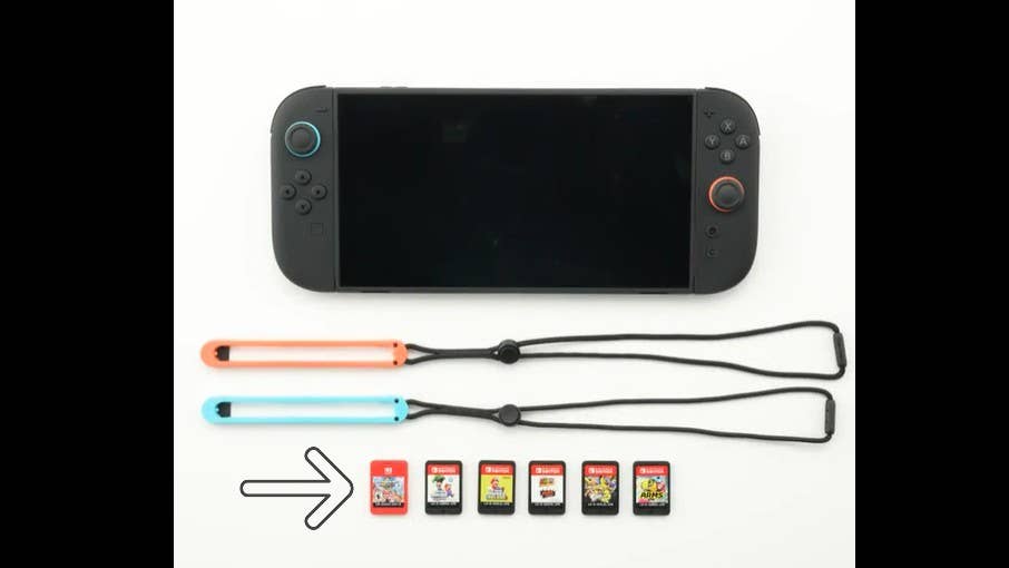 Image showing a Switch 2 console with six games lined up beneath it. The far left game is a Switch 2 game card