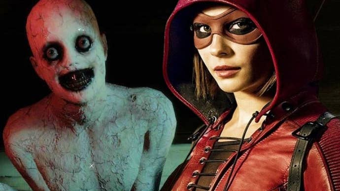 Image showing a demonic creature from The Mortuary Assistant next to a promo shot of Willa Holland in Arrow