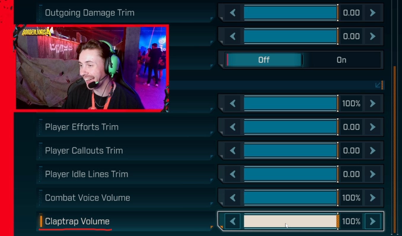 Image showing the Claptrap Volume slider in Borderlands 4 via Chadly on X