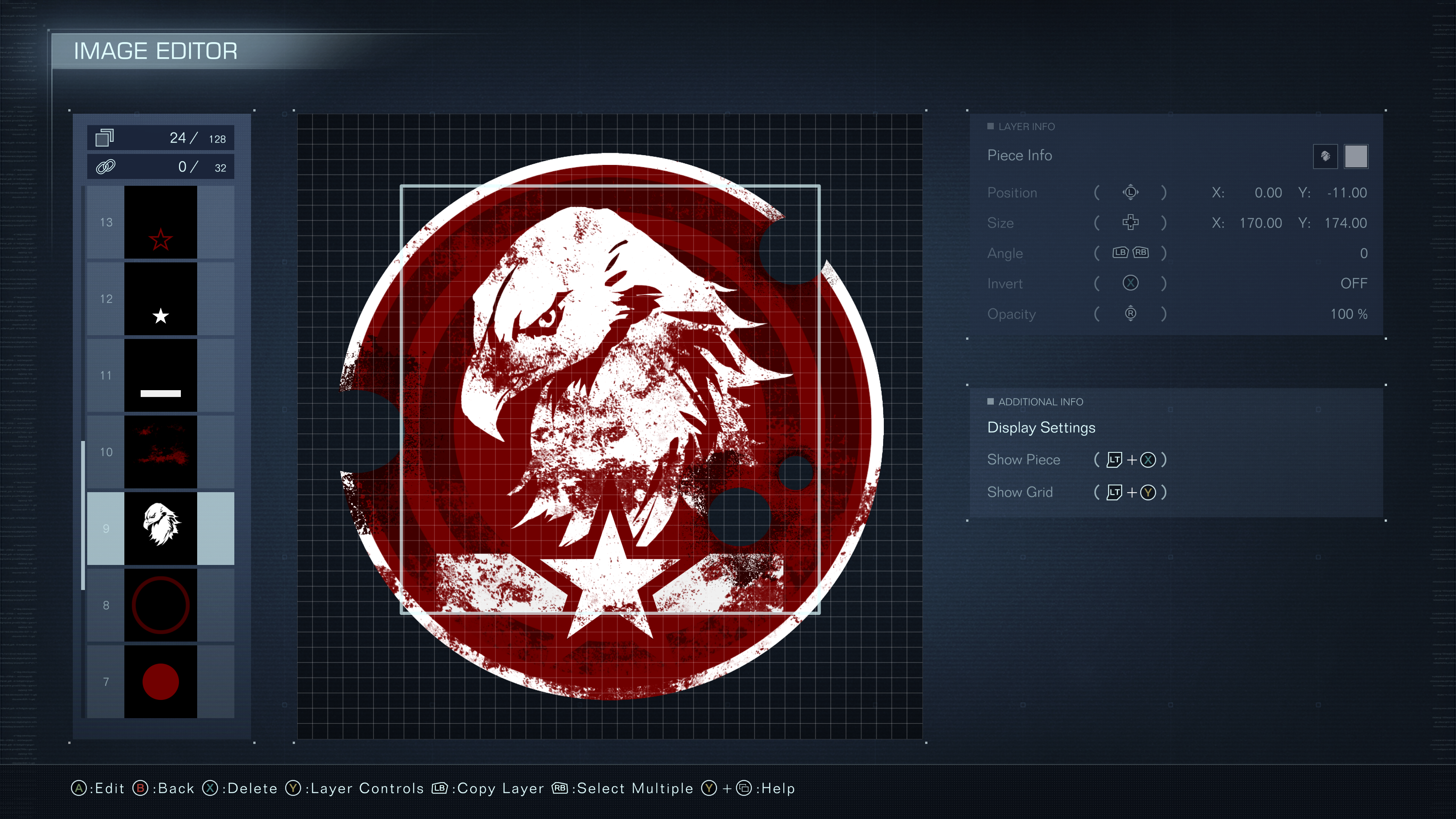 The player emblem editing screen in Armored Core 6, featuring a red and white eagle head design.