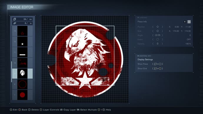 The player emblem editing screen in Armored Core 6, featuring a red and white eagle head design.