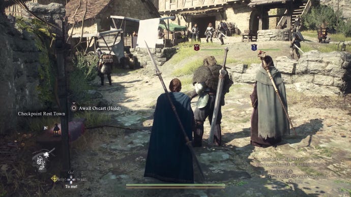 Three medieval-style adventurers entering a village