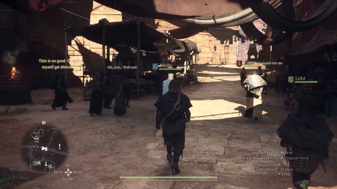A group of characters walking through a marketplace in Dragon's Dogma 2
