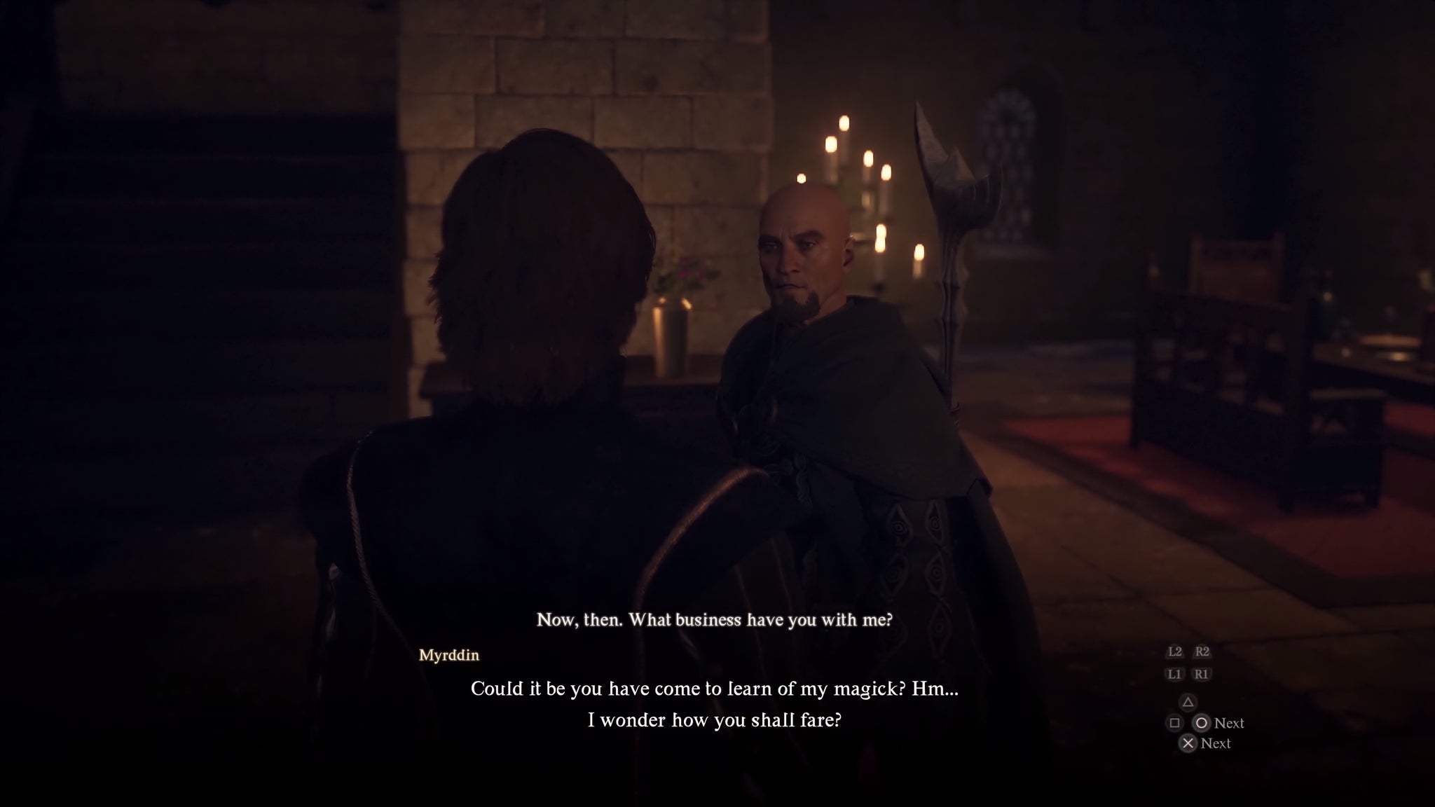 A conversation with a bald wizard in Dragon's Dogma 2 about learning magic - 4