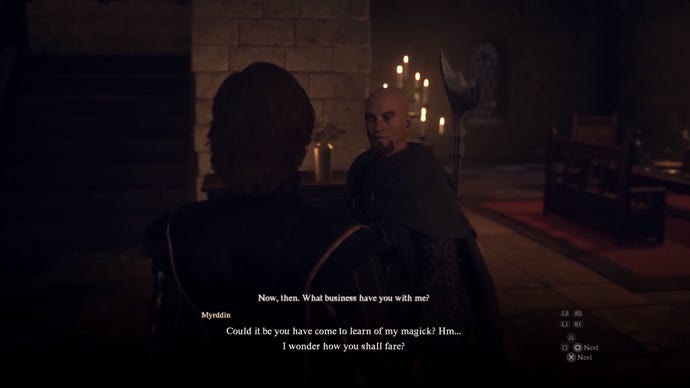 A conversation with a bald wizard in Dragon's Dogma 2 about learning magic