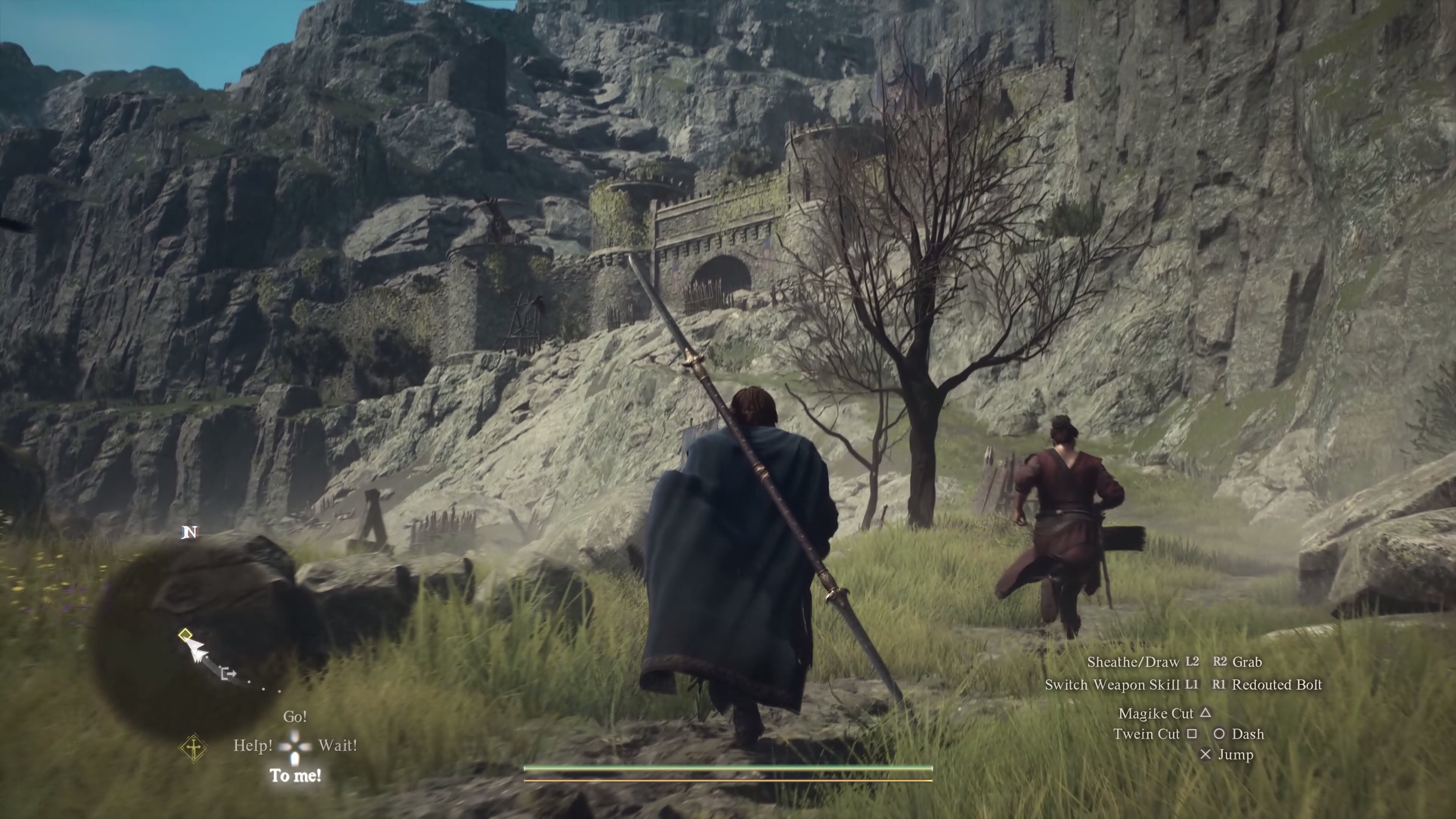 A man with a spear following another man up a hillside towards a distant castle