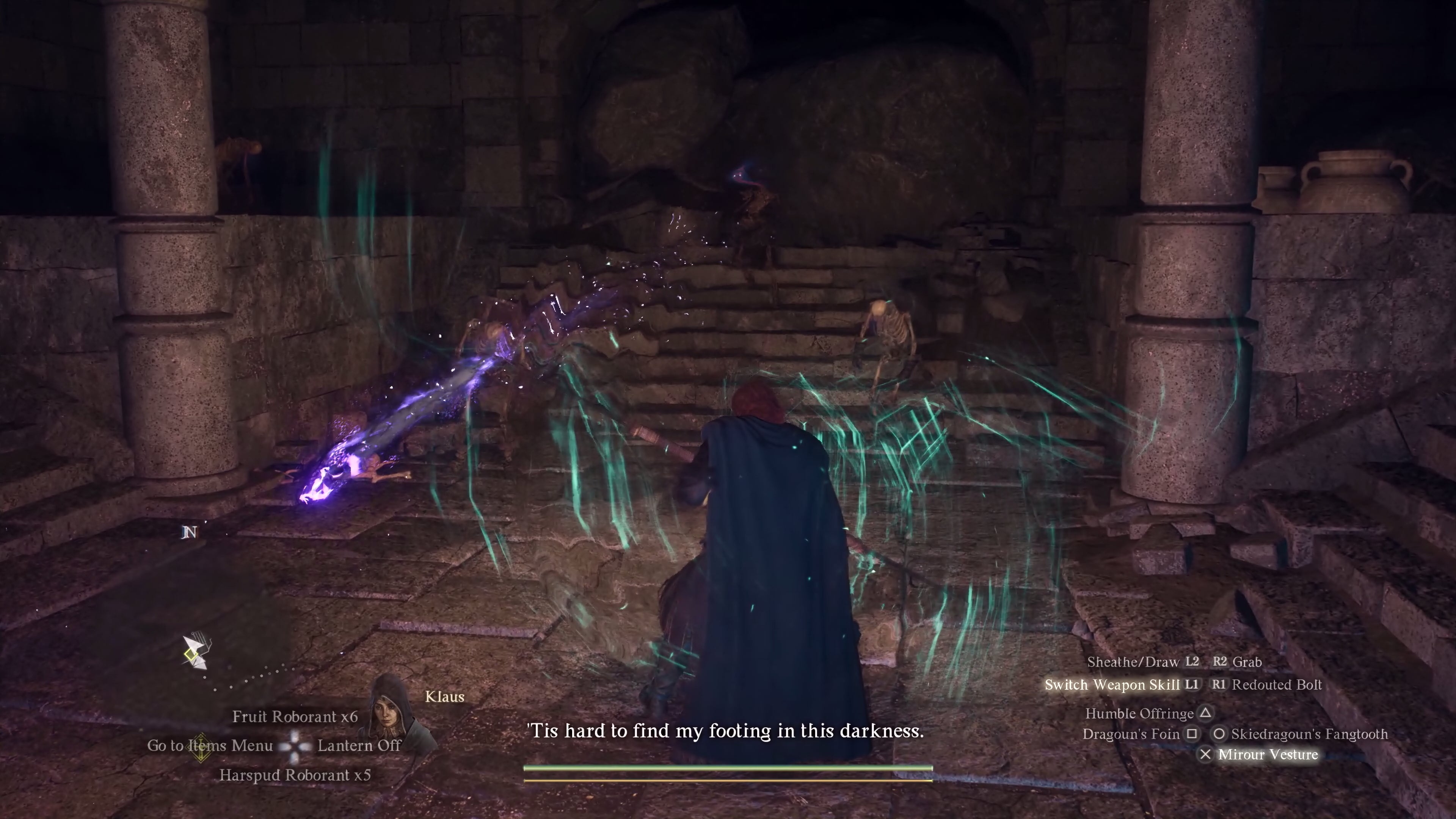 A warrior wizard using a spear to destroy skeletons in a dark tomblike room