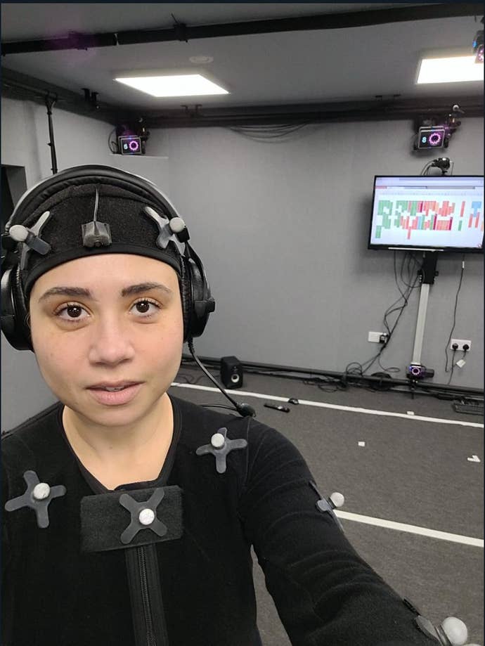 Actor Samantha Béart in their mocap outfit while recording for Baldur's Gate 3