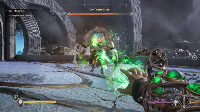 Battling an Oathbroken, a hulking boss enemy, in Immortals of Aveum,