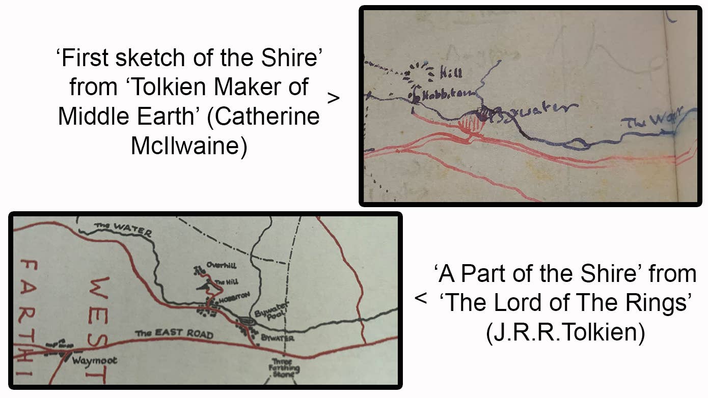 In the top right-hand corner, a picture of the 'First sketch of the Shire' created by J.R.R. Tolkien. In the bottom left-hand corner, a picture of the 'A Part of the Shire' map created by Christopher Tolkien. Both of these images are labelled.