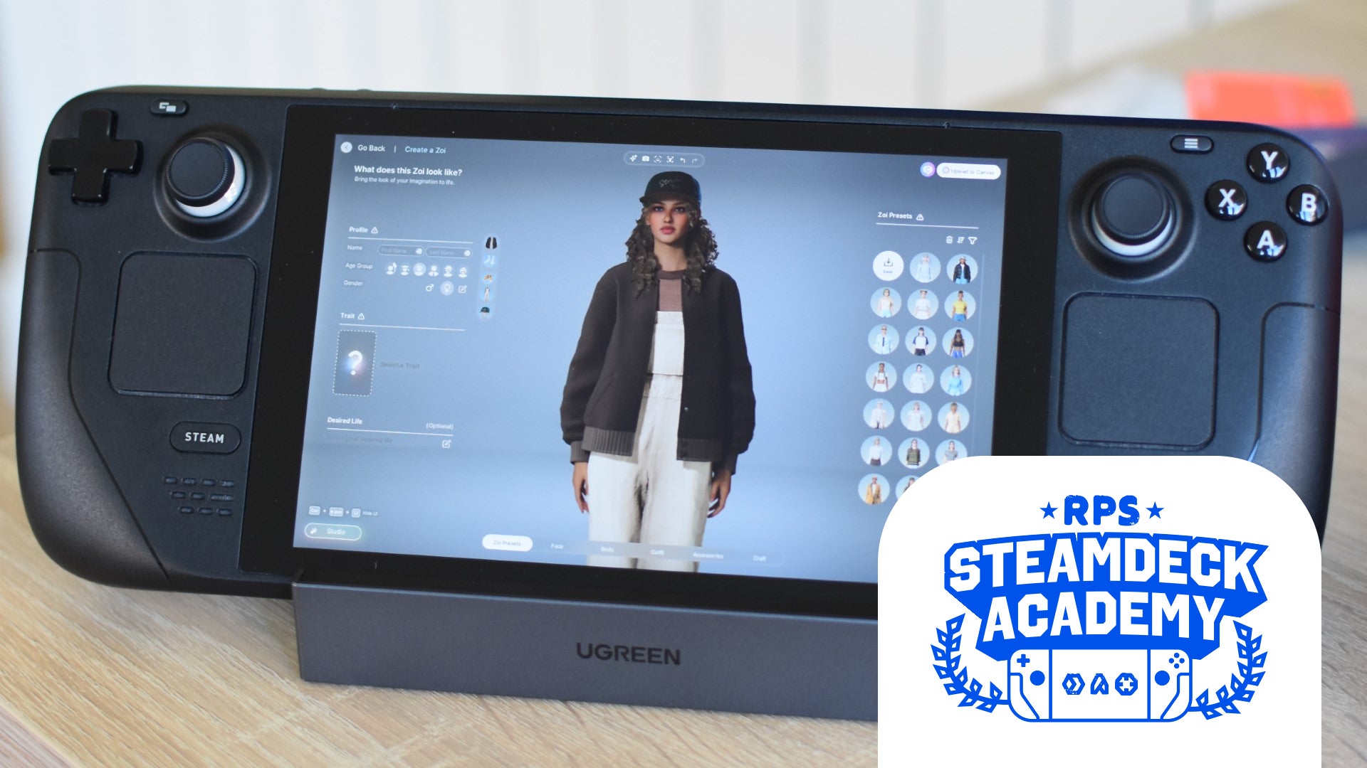 The Zoi creation screen in InZoi, running on a Steam Deck. The RPS Steam Deck Academy logo is added in the bottom-right corner. - 1