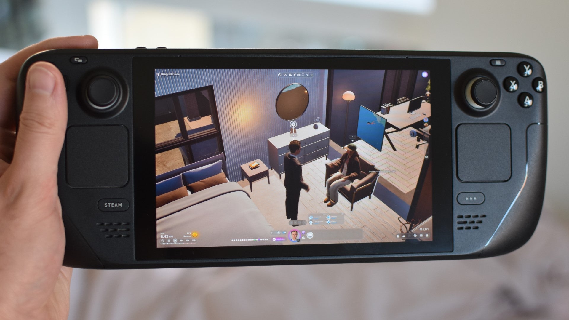 A couple of Zois discuss unimportant matters in InZoi, running on a Steam Deck. - 4