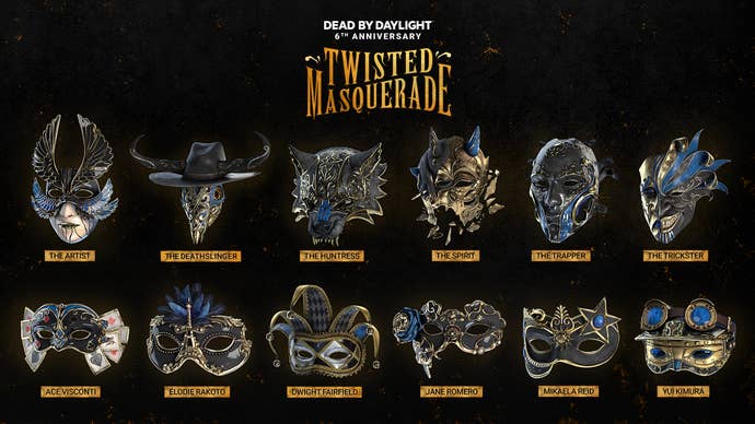 Masquerade masks for characters in Dead by Daylight, decorated accordingly for the sixth anniversary Twisted Masquerade event.