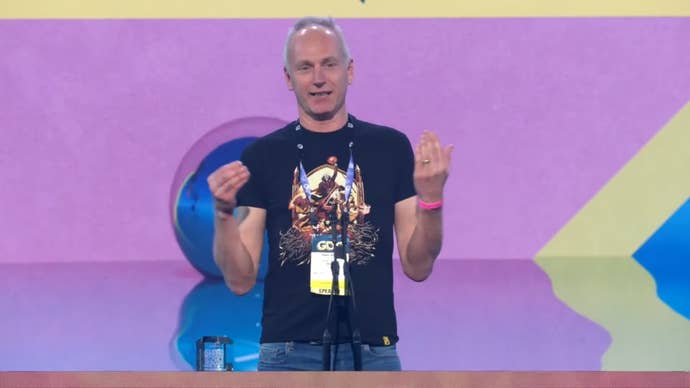 Baldur’s Gate 3 director Swen Vincke on stage at the GDCA Awards.