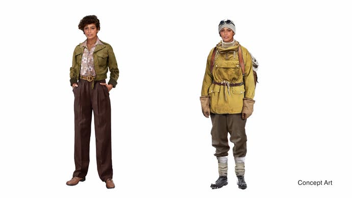 Concept art of Gina in two costumes in Indian Jones and The Great Circle.