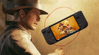 Indiana Jones and the Great Circle's Indy points to a board with a Steam Deck playing Indiana Jones and the Great Circle on it