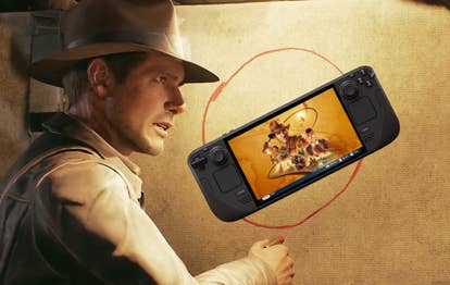 Indiana Jones and the Great Circle's Indy points to a board with a Steam Deck playing Indiana Jones and the Great Circle on it