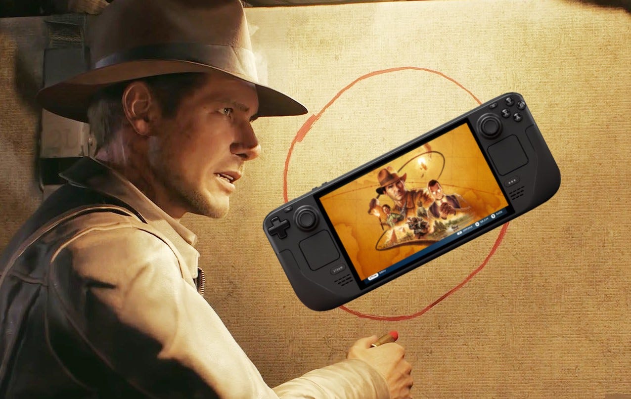 Indiana Jones and the Great Circle's Indy points to a board with a Steam Deck playing Indiana Jones and the Great Circle on it