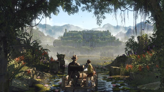 Indiana Jones and The Great Circle promo screenshot showing Indy and a companion on a boat sailing towards an ancient structure in the jungle