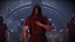 Indiana Jones and the Great Circle Order of Giants DLC screenshot showing a large male character in a mask and hood standing in front of an alter like structure