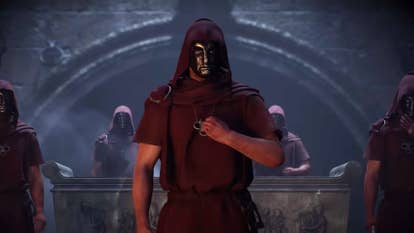 Indiana Jones and the Great Circle Order of Giants DLC screenshot showing a large male character in a mask and hood standing in front of an alter like structure