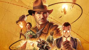 Artwork for Indiana Jones and the Great Circle, montaging Indy, his whip, and several other characters against a sepia map background