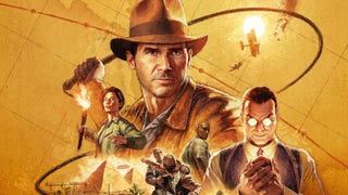 Artwork for Indiana Jones and the Great Circle, montaging Indy, his whip, and several other characters against a sepia map background