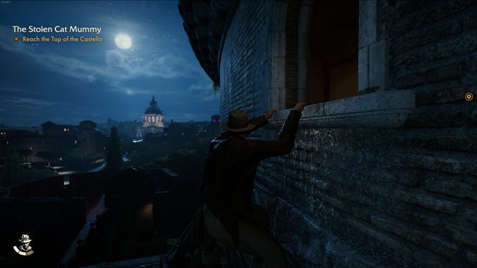 Indy climbs through a window with the Vatican in the background in Indiana Jones and the Great Circle.