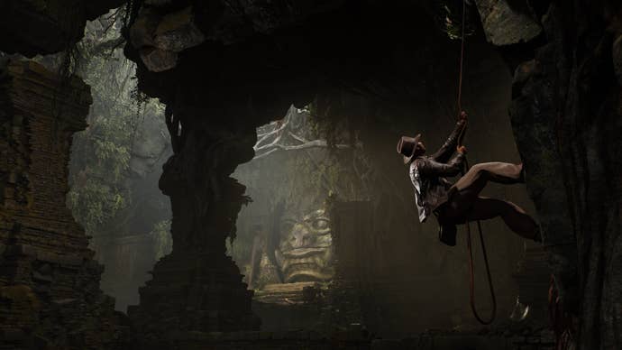 Indy descends a rope in a tomb in Indiana Jones and the Great Circle.