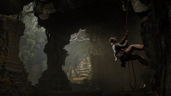 Indy descends a rope in a tomb in Indiana Jones and the Great Circle.