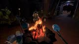 The player roasts a marshmallow over the campfire in this screenshot from Outer Wilds on Nintendo Switch