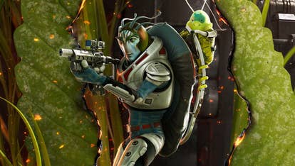 A zoomed-in presumption of an alien abstraction skipper with a fancy firearm and a jetpack and a small greenish critter connected his shoulder, stepping done a burned-out spread successful a leaf.