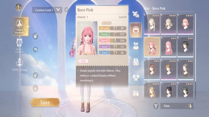 A preview of Infinity Nikki’s default hairstyle, Born Pink, and its stats are shown