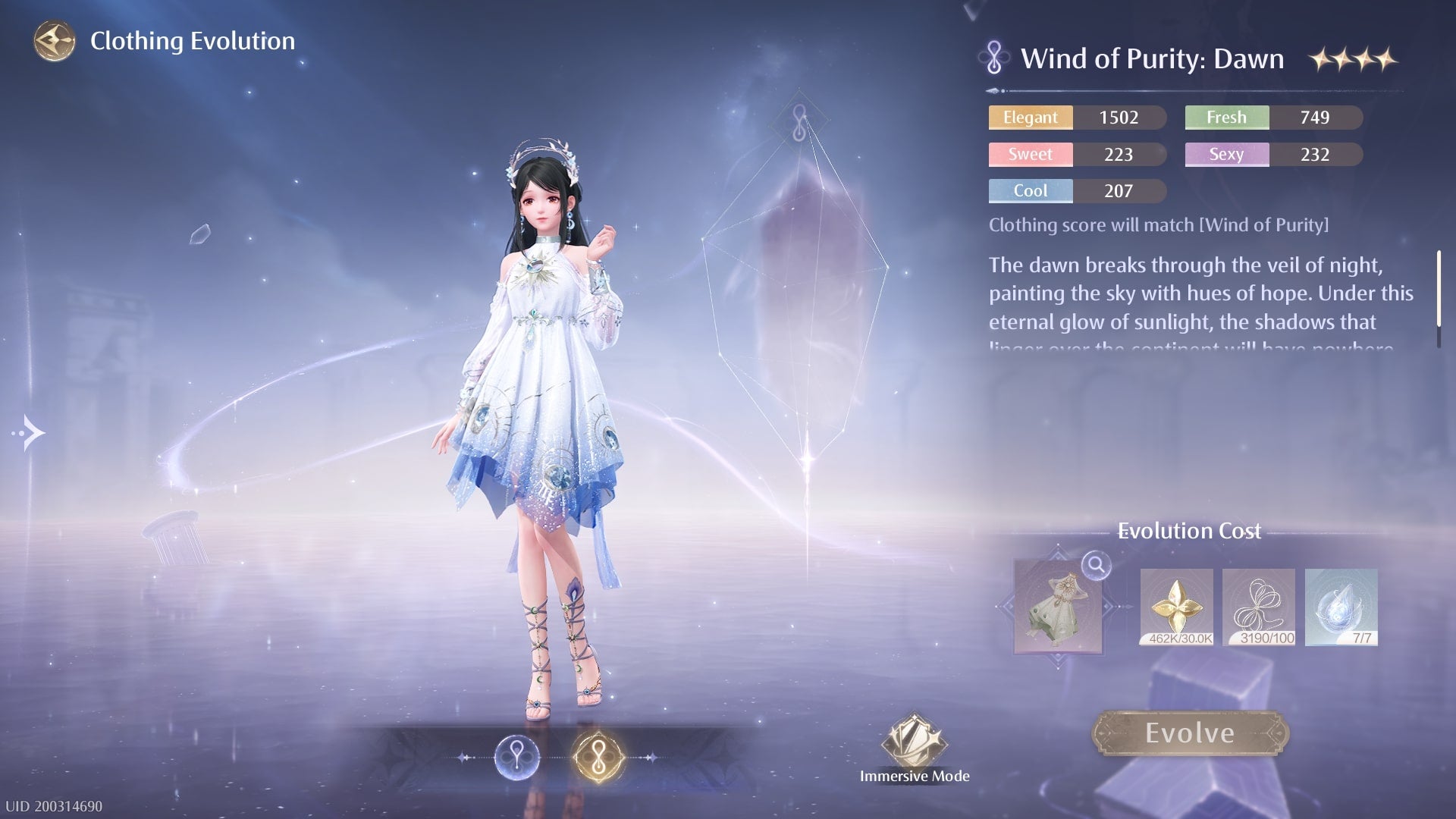 The player looks at the Clothing Evolution screen for the Wind of Purity outfit in Infinity Nikki - 5
