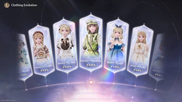 The Clothing Evolution menu, featuring all outfits that can be evolved, is shown in Infinity Nikki