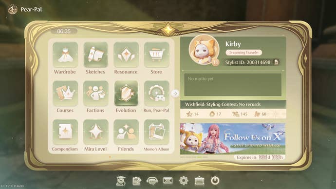 The player hovers over the Evolution tab in the Pear Pal in Infinity Nikki