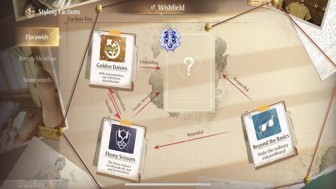 Floraish's three factions are shown in Nikki's Infinity faction menu in Pear-Pal