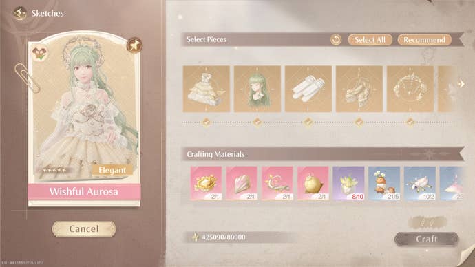 The Sketches for all pieces of Miracle Outfit, Wishful Aurosa, and the resources required to craft them are shown in Infinity Nikki