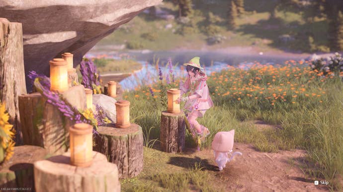 The player places a Wish Bottle by the a tree in Stonewoods in Infinity Nikki