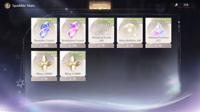 The contents of the Sparklite Store — a storefront for spending Sparklite earnt in Styling Contests — is shown in Infinity Nikki