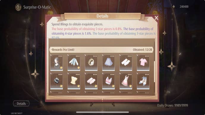 Details of the Surprise-O-Matic gacha system are shown in Infinity Nikki