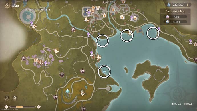 Map view of Aromalily locations in Florawish in Infinity Nikki.