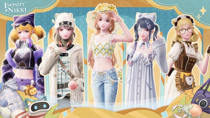 Five different premium Infinity Nikki outfits are shown in key artwork for the game